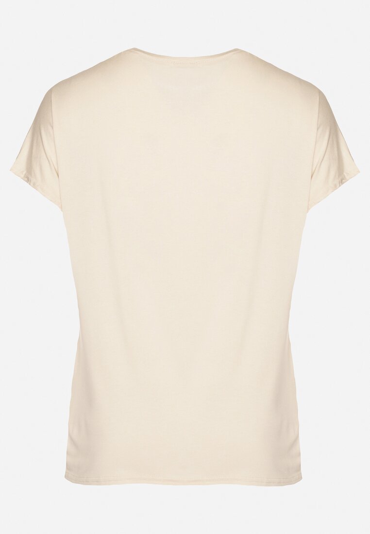 Beżowy T-shirt z Bawełny Wykończony Cyrkoniami Krissianne