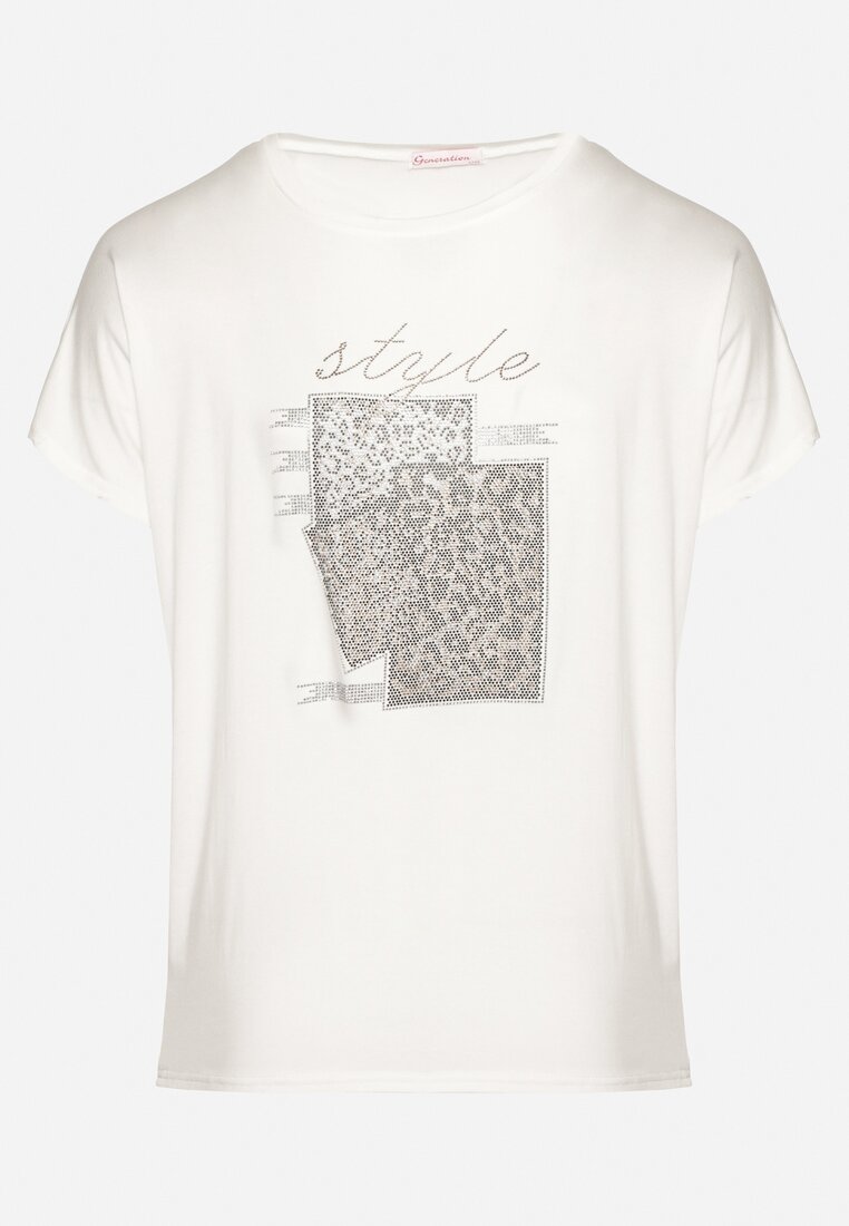 Biały Bawełniany T-shirt z Ozdobnym Napisem i Cyrkoniami Krisiona