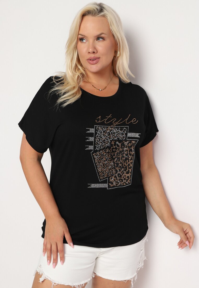 Czarny Bawełniany T-shirt z Ozdobnym Napisem i Cyrkoniami Krisiona