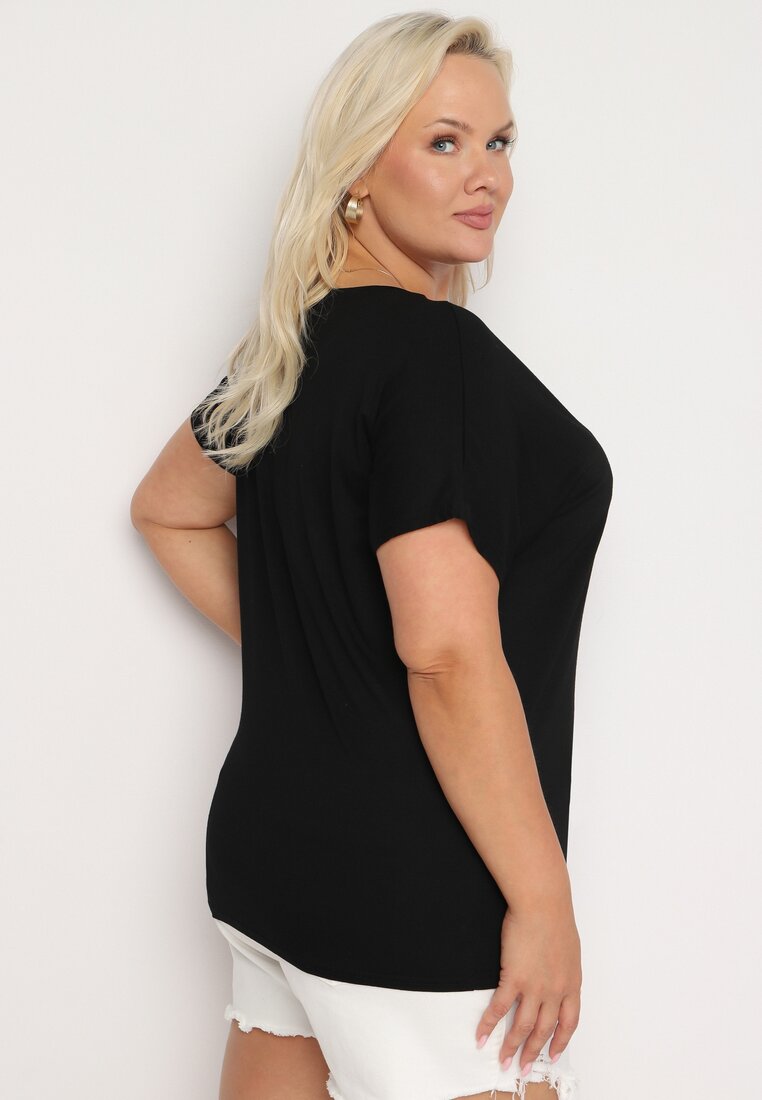 Czarny Bawełniany T-shirt z Ozdobnym Napisem i Cyrkoniami Krisiona