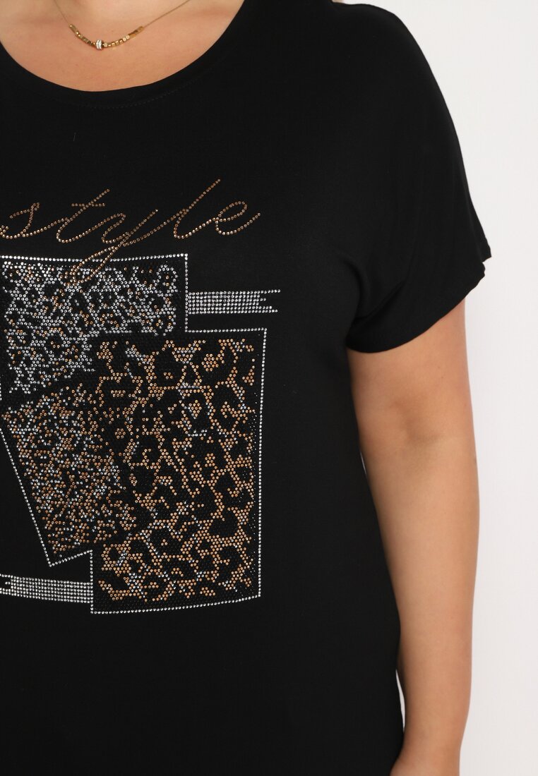 Czarny Bawełniany T-shirt z Ozdobnym Napisem i Cyrkoniami Krisiona