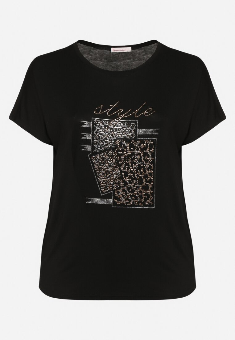 Czarny Bawełniany T-shirt z Ozdobnym Napisem i Cyrkoniami Krisiona