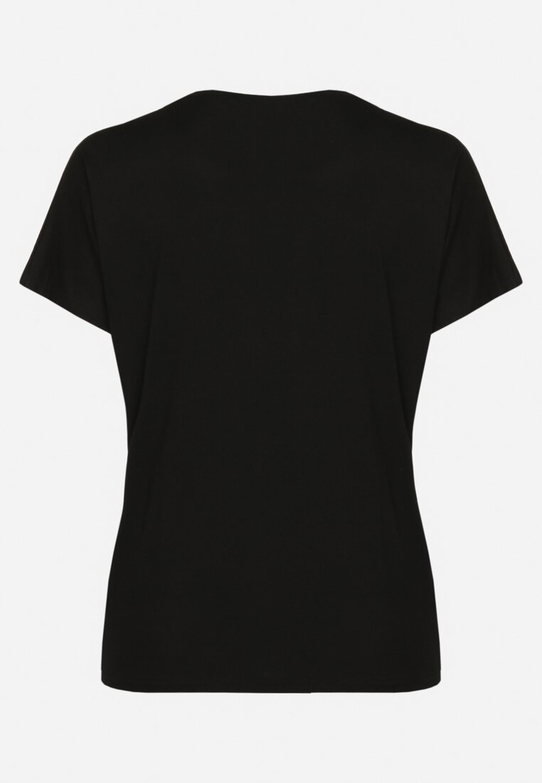 Czarny Bawełniany T-shirt z Ozdobnym Napisem i Cyrkoniami Krisiona