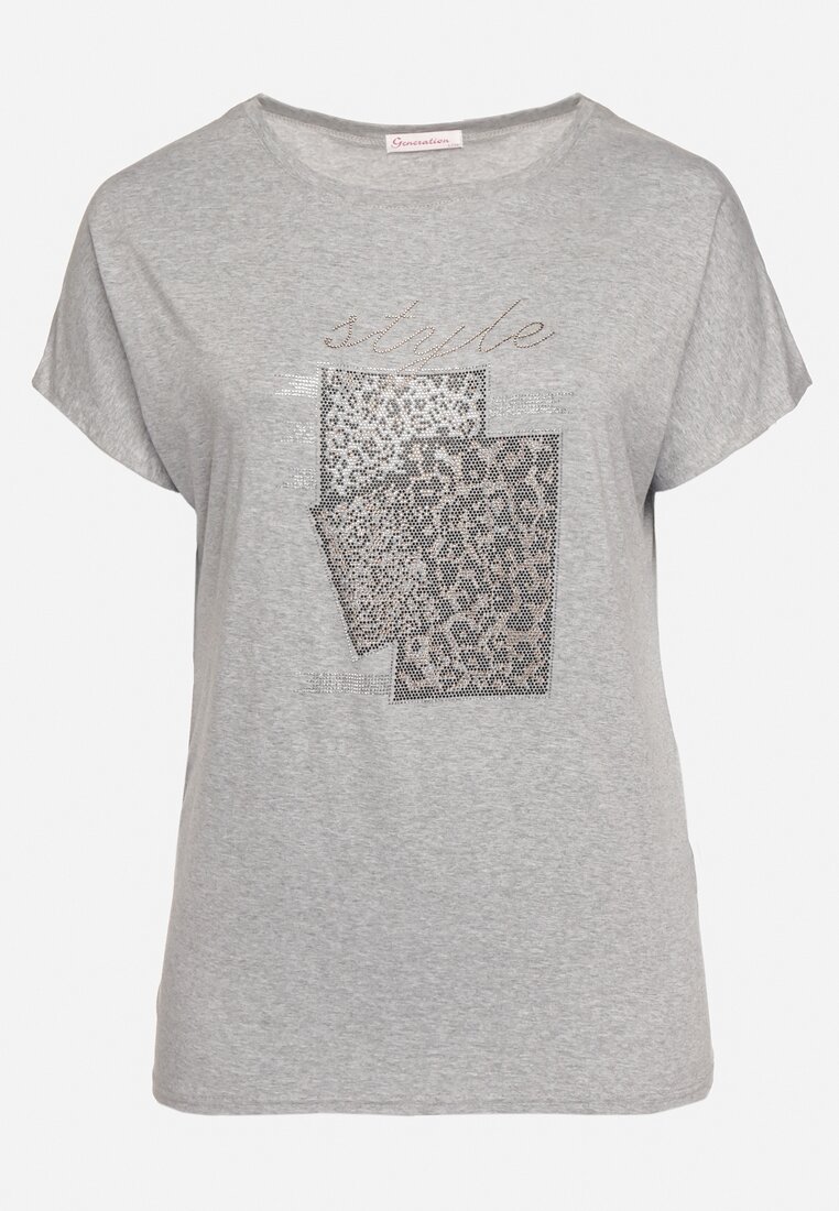 Szary Bawełniany T-shirt z Ozdobnym Napisem i Cyrkoniami Krisiona