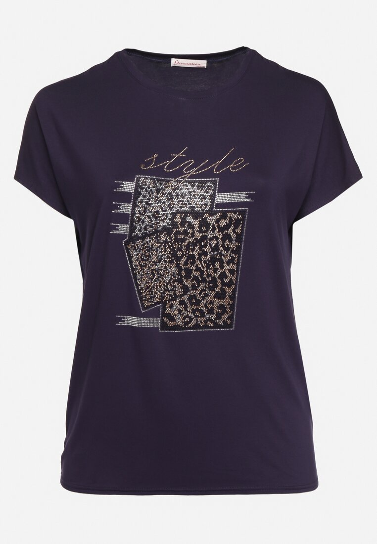Granatowy Bawełniany T-shirt z Ozdobnym Napisem i Cyrkoniami Krisiona