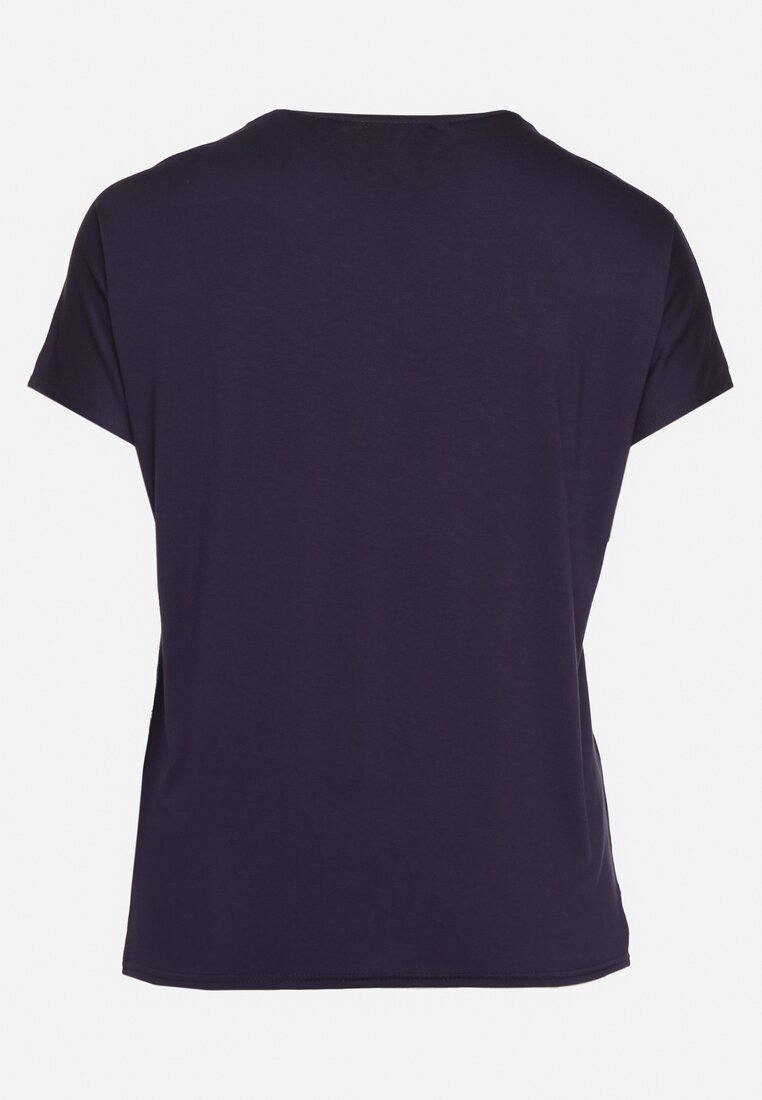 Granatowy Bawełniany T-shirt z Ozdobnym Napisem i Cyrkoniami Krisiona