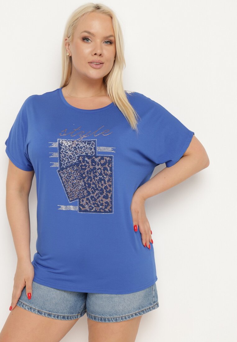 Niebieski Bawełniany T-shirt z Ozdobnym Napisem i Cyrkoniami Krisiona