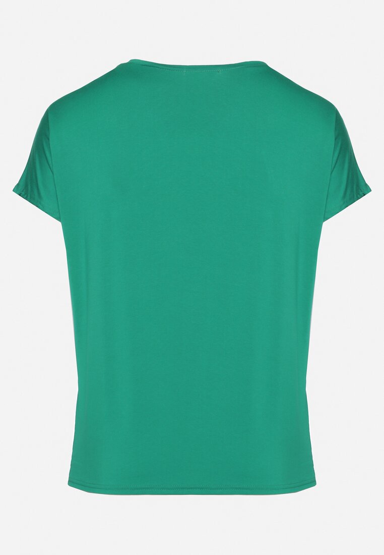 Zielony Bawełniany T-shirt z Ozdobnym Napisem i Cyrkoniami Krisiona