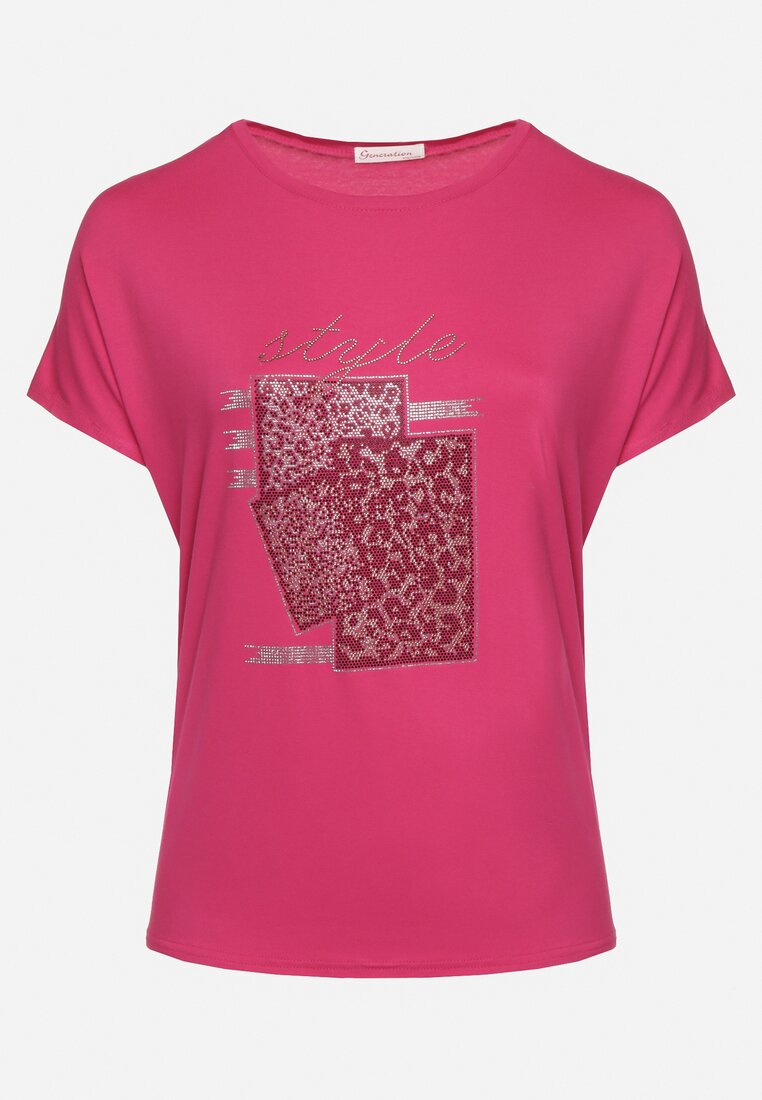 Ciemnoróżowy Bawełniany T-shirt z Ozdobnym Napisem i Cyrkoniami Krisiona
