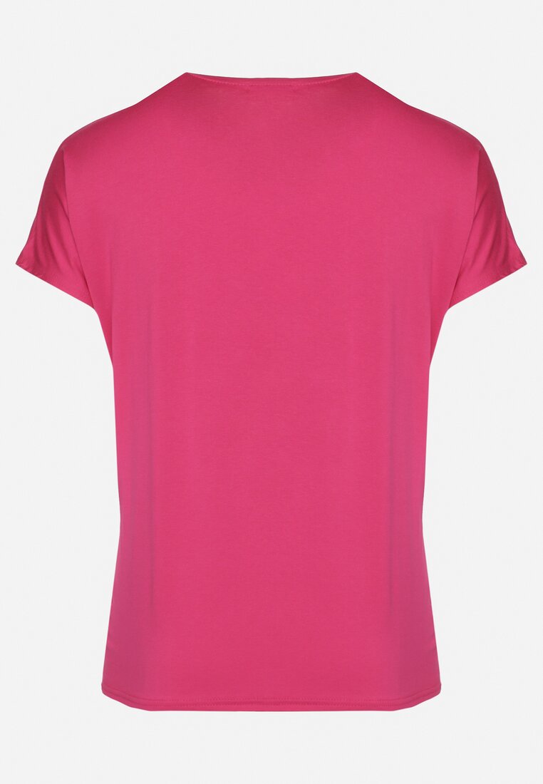 Ciemnoróżowy Bawełniany T-shirt z Ozdobnym Napisem i Cyrkoniami Krisiona