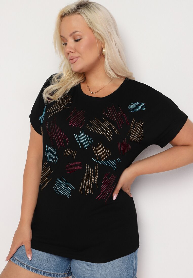 Czarny Klasyczny Bawełniany T-shirt Ozdobiony Cyrkoniami Christara