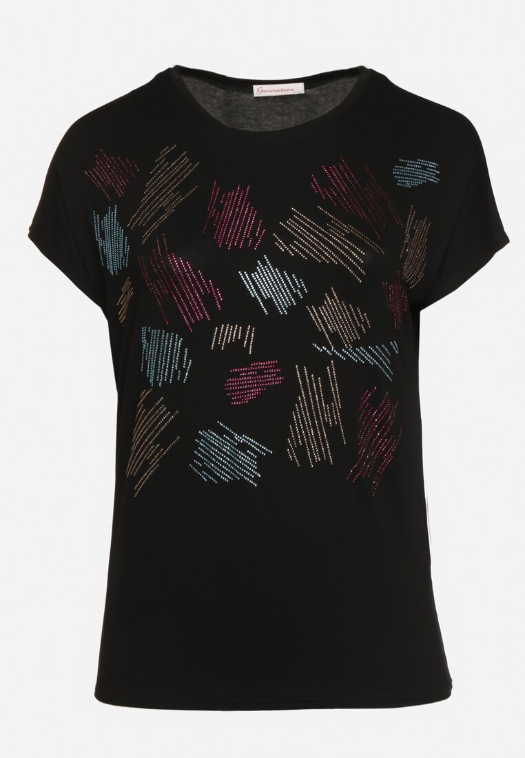 Czarny Klasyczny Bawełniany T-shirt Ozdobiony Cyrkoniami Christara