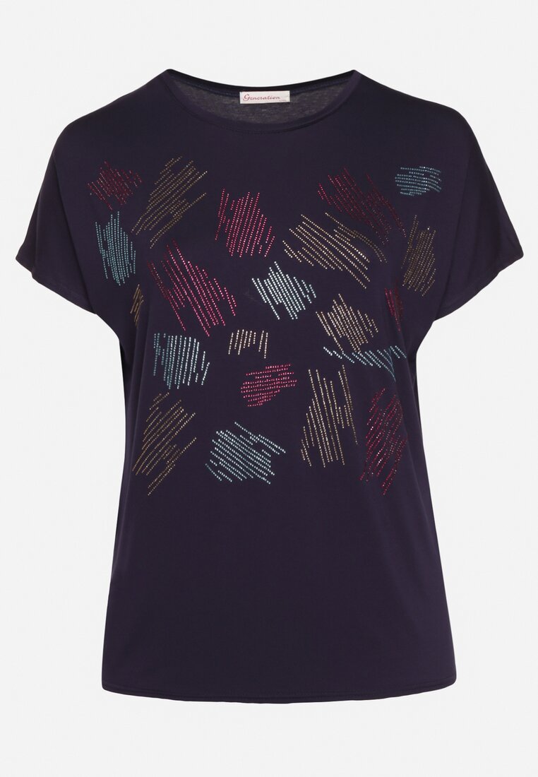 Granatowy Klasyczny Bawełniany T-shirt Ozdobiony Cyrkoniami Christara