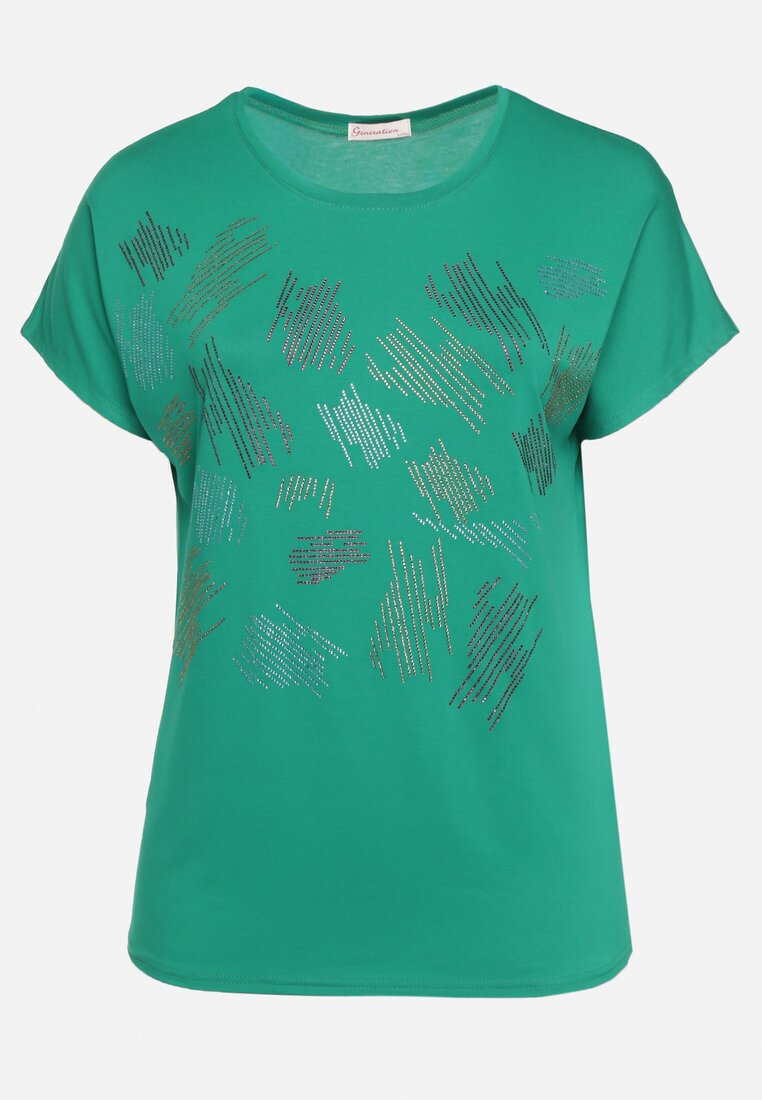 Zielony Klasyczny Bawełniany T-shirt Ozdobiony Cyrkoniami Christara