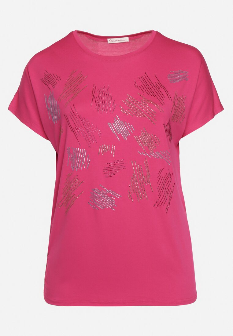 Ciemnoróżowy Klasyczny Bawełniany T-shirt Ozdobiony Cyrkoniami Christara