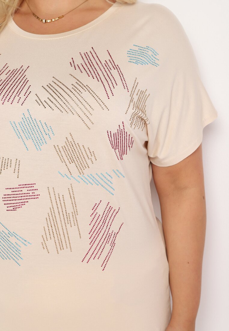 Beżowy Klasyczny Bawełniany T-shirt Ozdobiony Cyrkoniami Christara