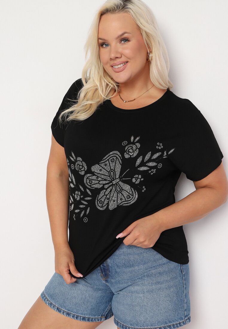 Czarny Klasyczny Bawełniany T-shirt z Nadrukiem Wiloa