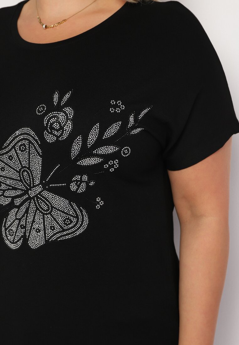 Czarny Klasyczny Bawełniany T-shirt z Nadrukiem Wiloa