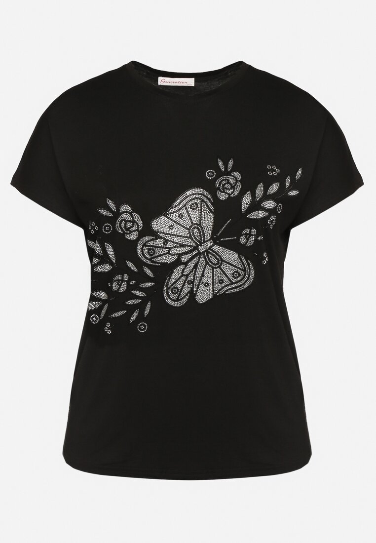 Czarny Klasyczny Bawełniany T-shirt z Nadrukiem Wiloa