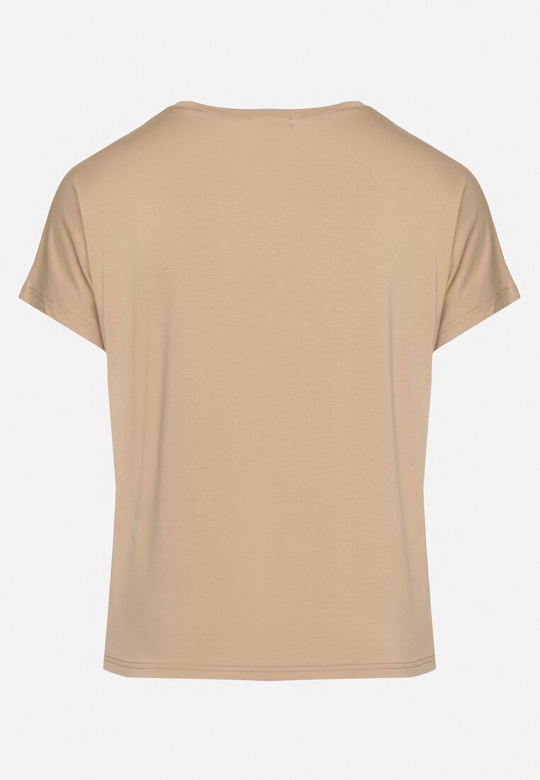 Beżowy Klasyczny Bawełniany T-shirt z Nadrukiem Wiloa