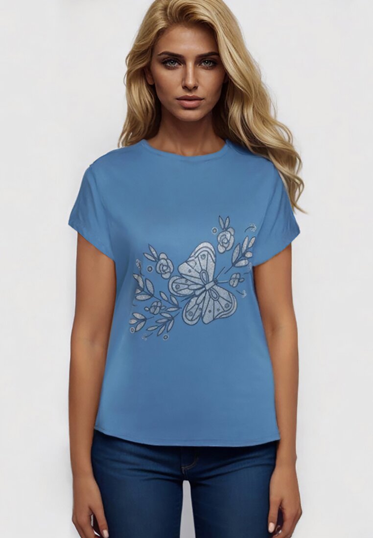 Jasnoniebieski Klasyczny Bawełniany T-shirt z Nadrukiem Wiloa