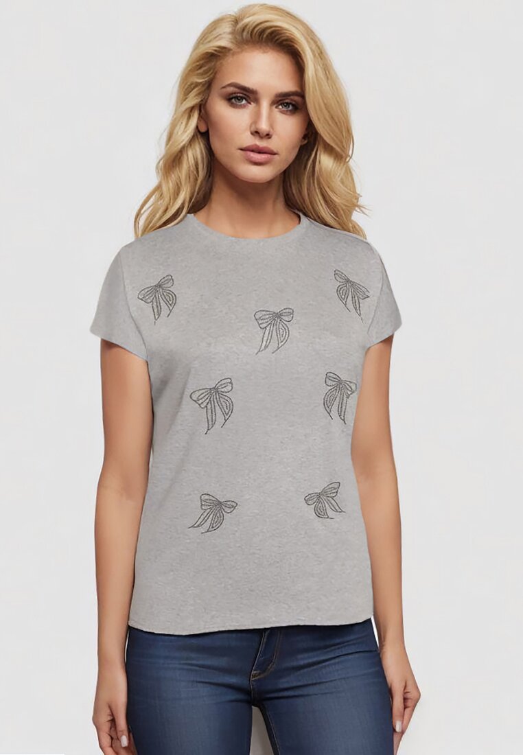 Szary T-shirt z Bawełny z Kokardkami Ozdobionymi Cyrkoniami Rissamore