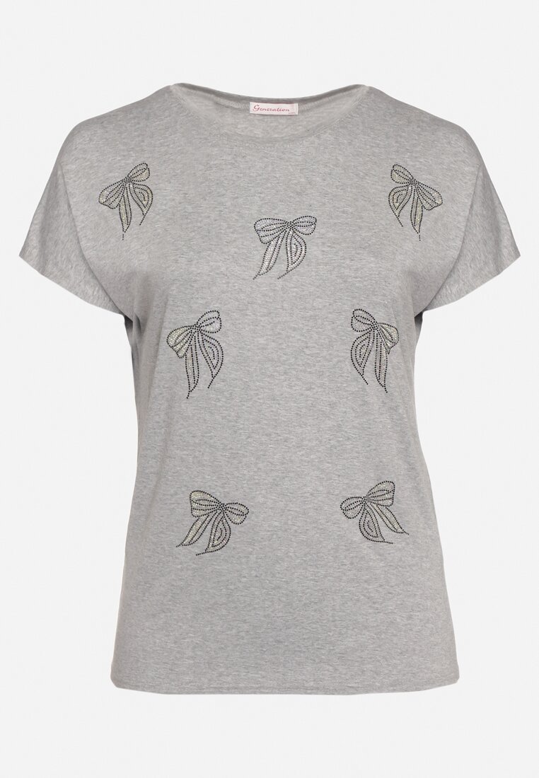 Szary T-shirt z Bawełny z Kokardkami Ozdobionymi Cyrkoniami Rissamore