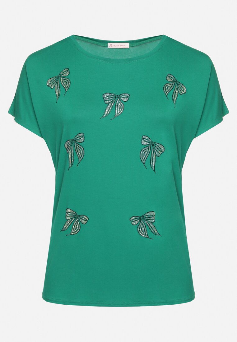 Zielony T-shirt z Bawełny z Kokardkami Ozdobionymi Cyrkoniami Rissamore