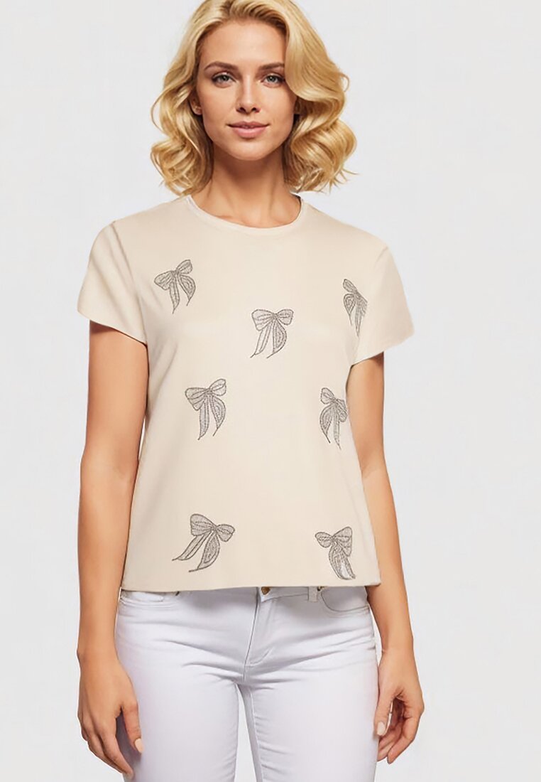 Beżowy T-shirt z Bawełny z Kokardkami Ozdobionymi Cyrkoniami Rissamore