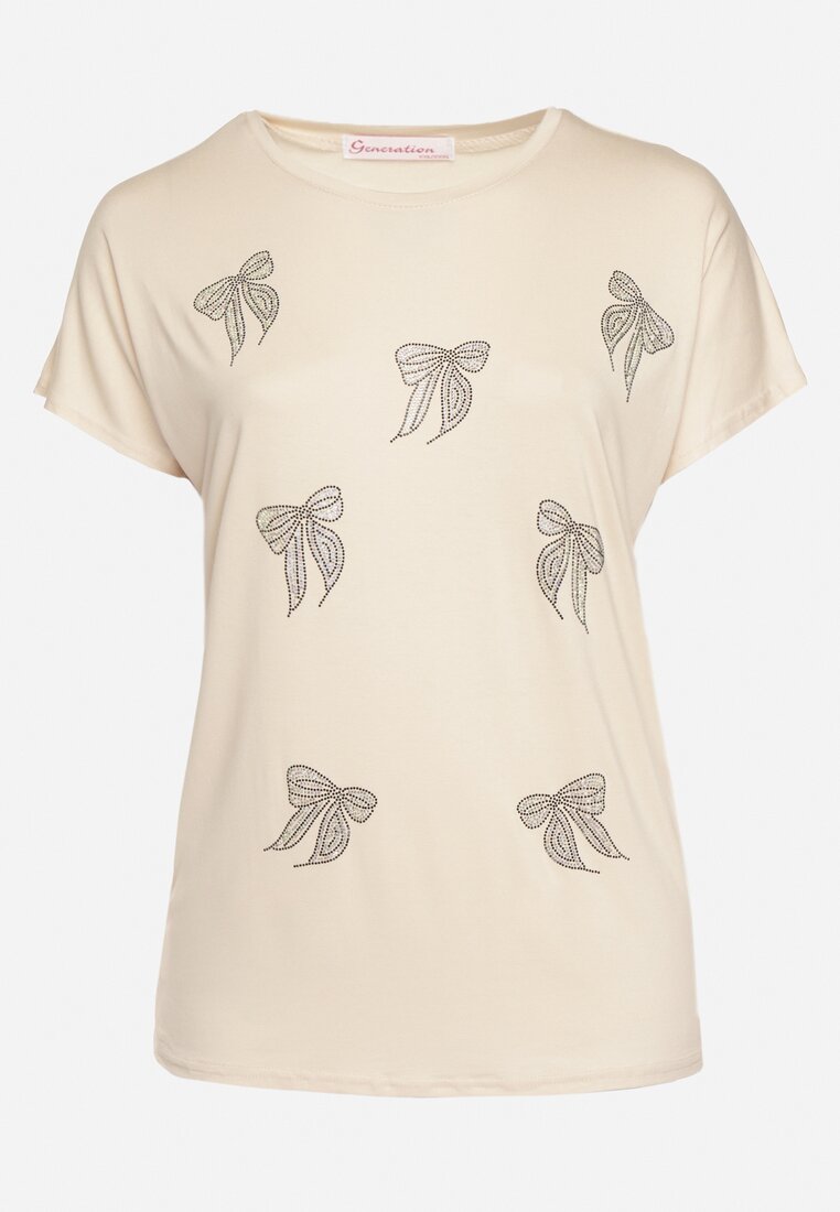 Beżowy T-shirt z Bawełny z Kokardkami Ozdobionymi Cyrkoniami Rissamore