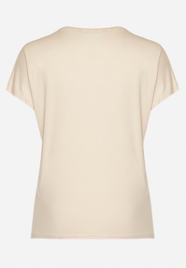 Beżowy T-shirt z Bawełny z Kokardkami Ozdobionymi Cyrkoniami Rissamore