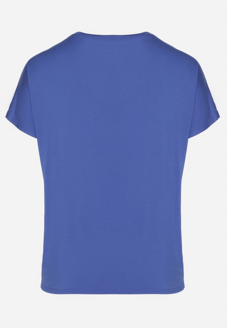 Niebieski Klasyczny T-shirt z Bawełny Ozdobiony Nadrukiem i Cyrkoniami Kristinae