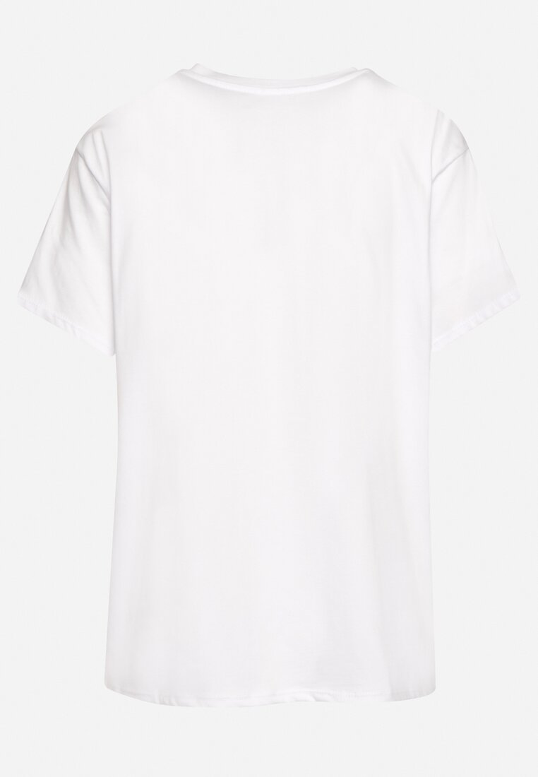 Biały Bawełniany T-shirt z Ozdobnym Nadrukiem i Brokatem Drilla