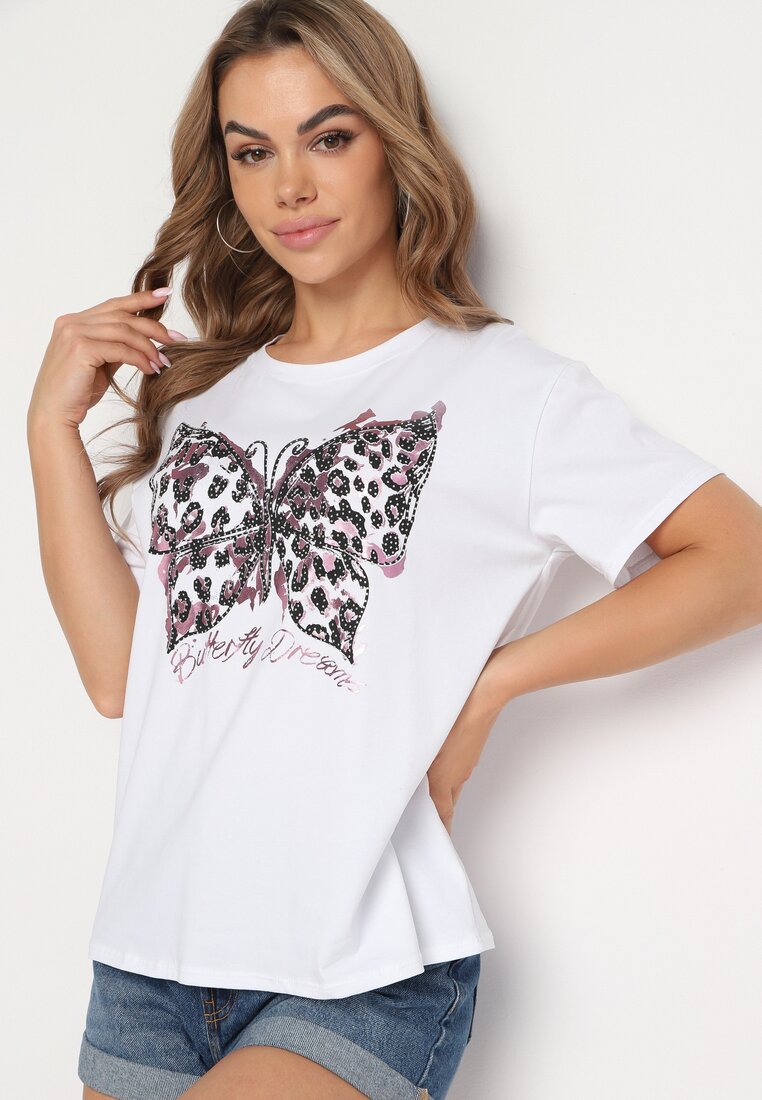 Biało-Różowy Bawełniany T-shirt z Nadrukiem Risalyn