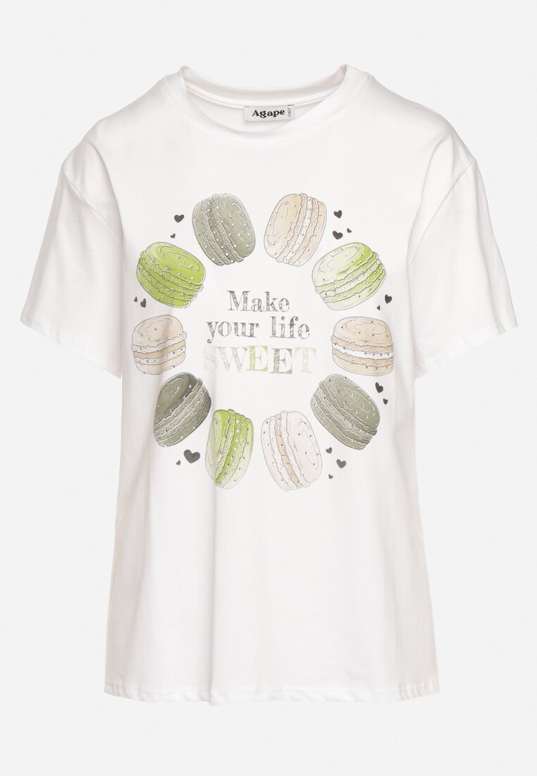 Biało-Zielony Bawełniany T-shirt Ozdobiony Nadrukiem i Cyrkoniami Chrisielle
