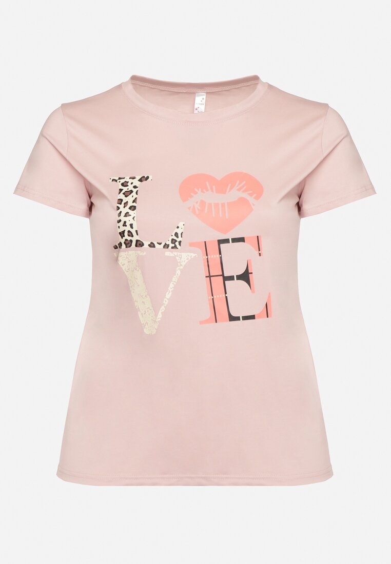 Jasnoróżowy T-shirt z Krótkim Rękawem i Ozdobnym Nadrukiem Testolene