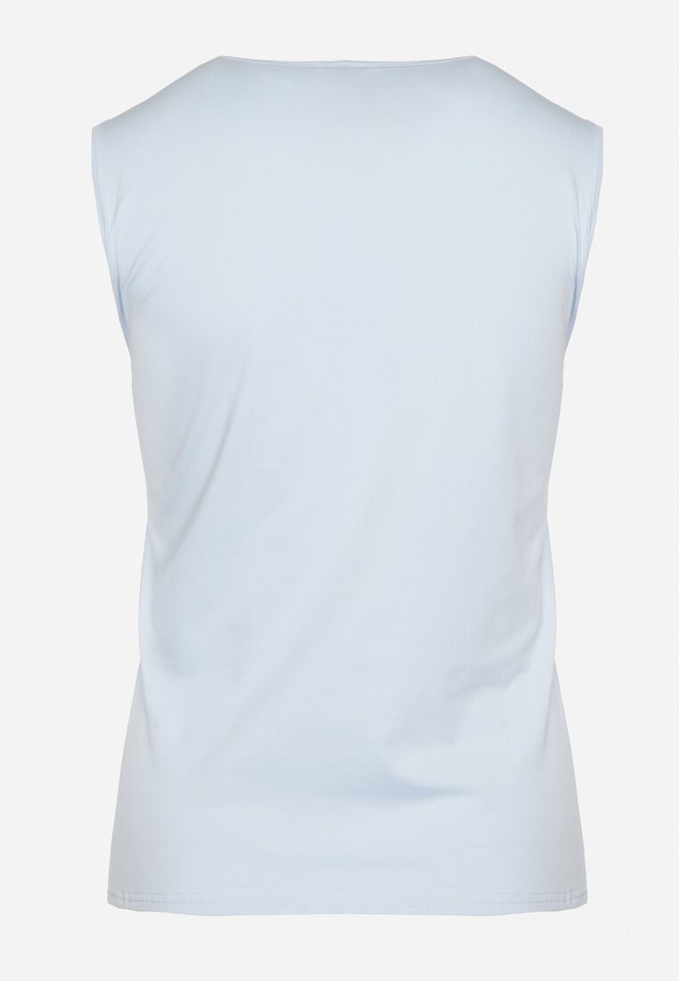 Jasnoniebieski Bawełniany Top Koszulka bez Rękawów z Haftem przy Dekolcie Testa
