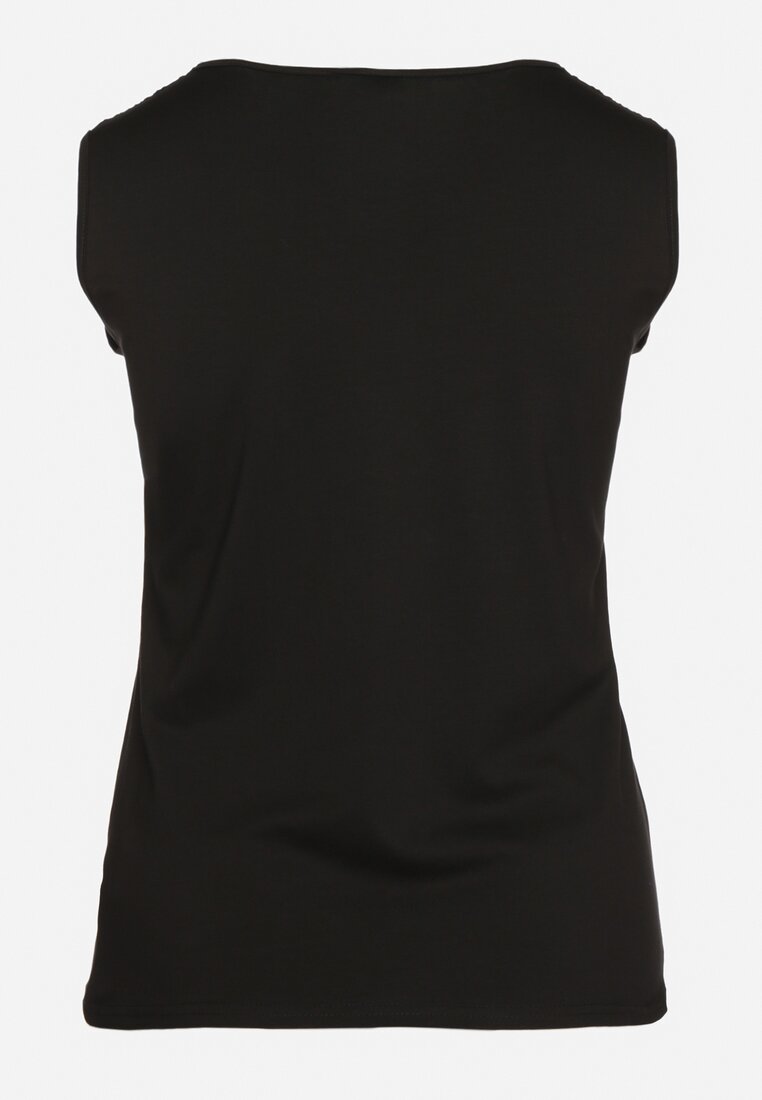 Czarny Bawełniany Top Koszulka bez Rękawów z Haftem przy Dekolcie Testa
