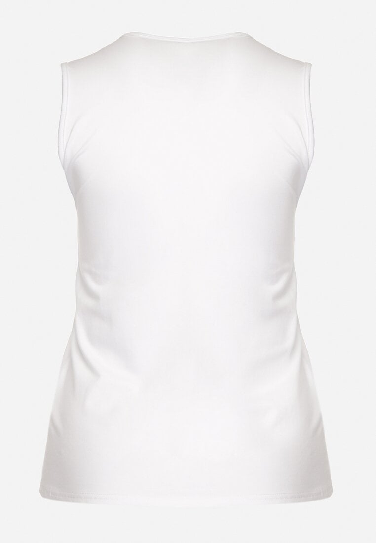 Biały Bawełniany Top Koszulka bez Rękawów z Haftem przy Dekolcie Testa