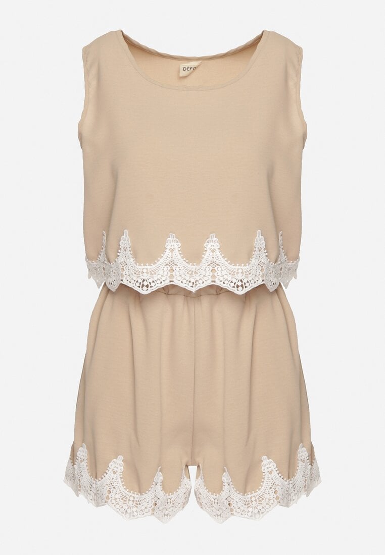 Beżowy Komplet 2-Częściowy Wykończony Koronką Top na Ramiączkach Szorty z Wysokim Stanem Giloa