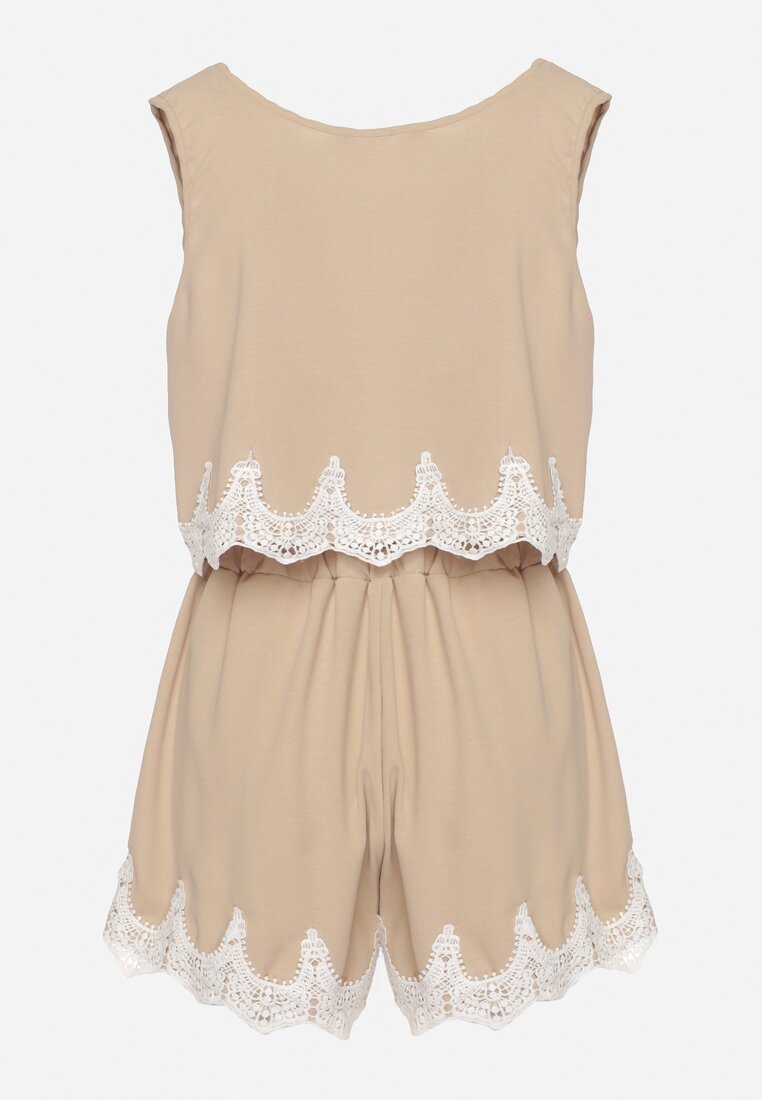 Beżowy Komplet 2-Częściowy Wykończony Koronką Top na Ramiączkach Szorty z Wysokim Stanem Giloa