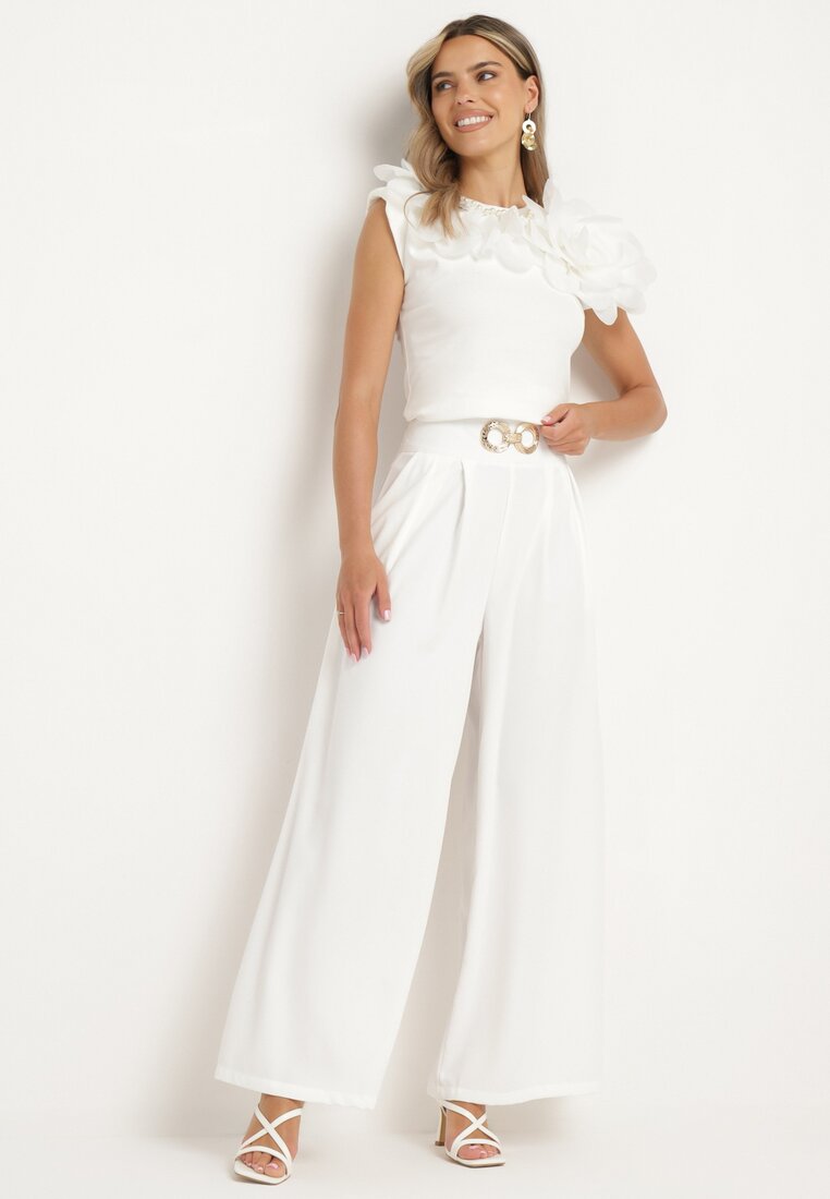Białe Eleganckie Szerokie Spodnie Ozdobione Metalową Klamrą Risshna