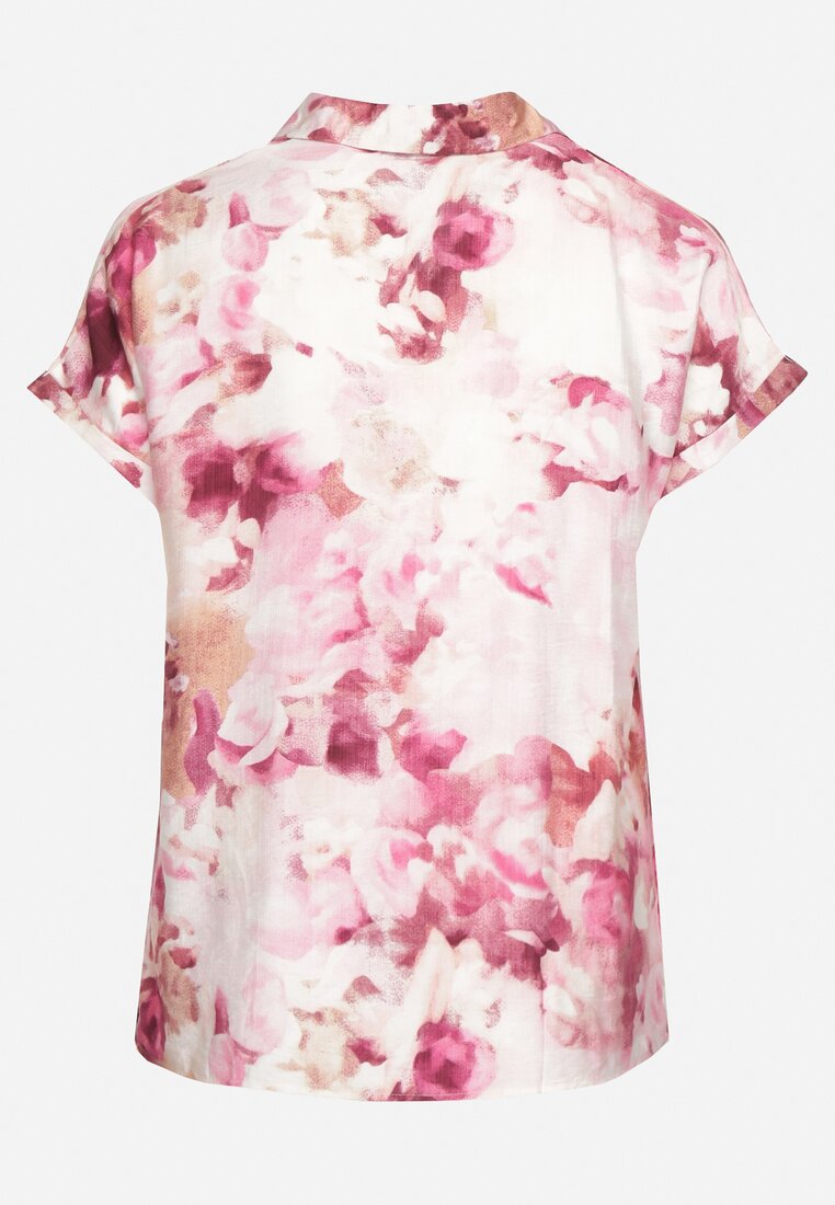 Różowo-Biała Koszulowa Bluzka z Bawełną i Ozdobnym Rękawem Risselle