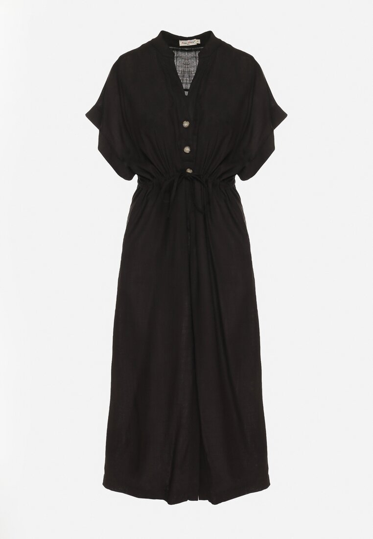 Czarna Bawełniana Sukienka z Koszulową Górą i Ściągaczem w Talii Vikleta