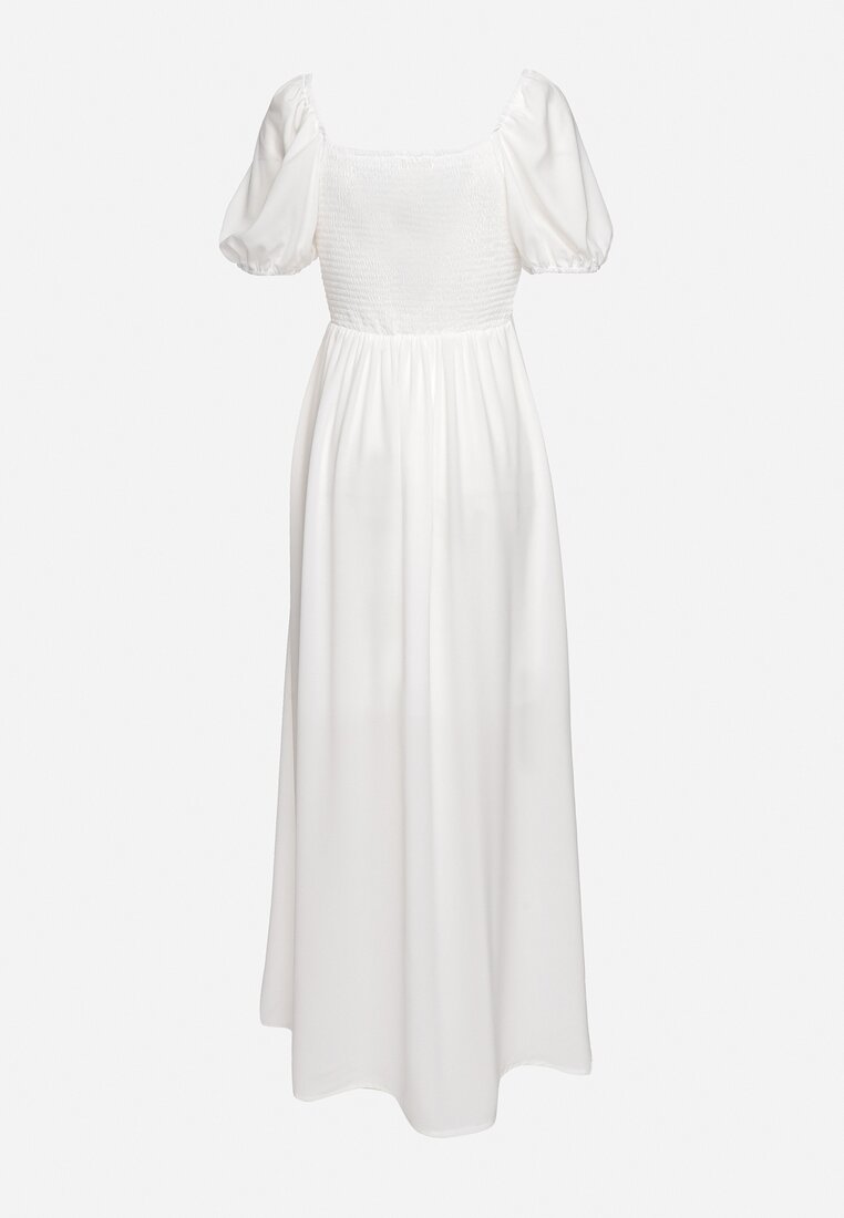 Biała Koktajlowa Sukienka Typu Hiszpanka z Rozcięciem Vikita