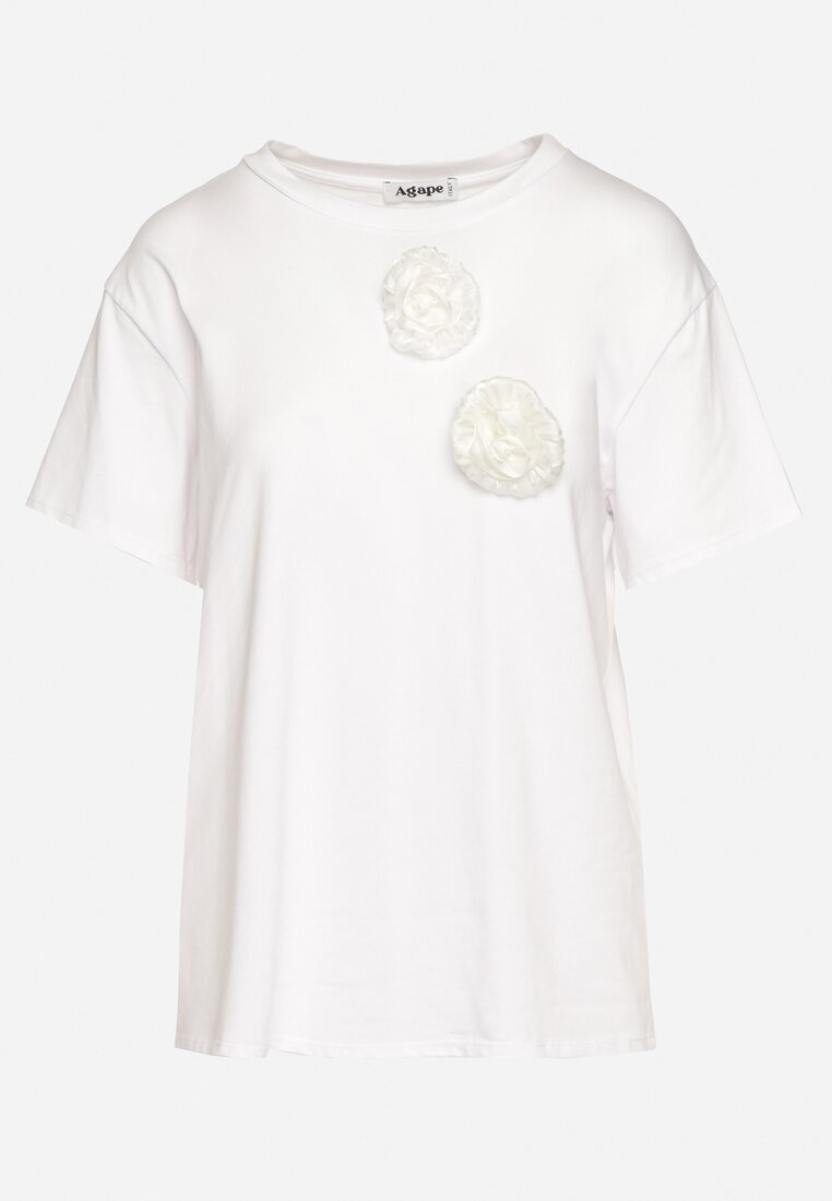 Biały T-shirt z Bawełny z Aplikacją 3D w Kształcie Kwiatu Risandra
