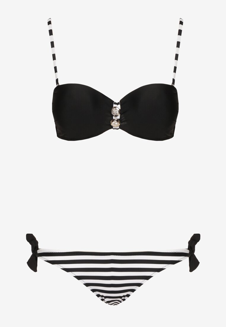 Czarno-Białe Bikini 2-Częściowe Stanik z Ozdobnymi Guzikami Majtki z Wiązaniem po Bokach Vikkama