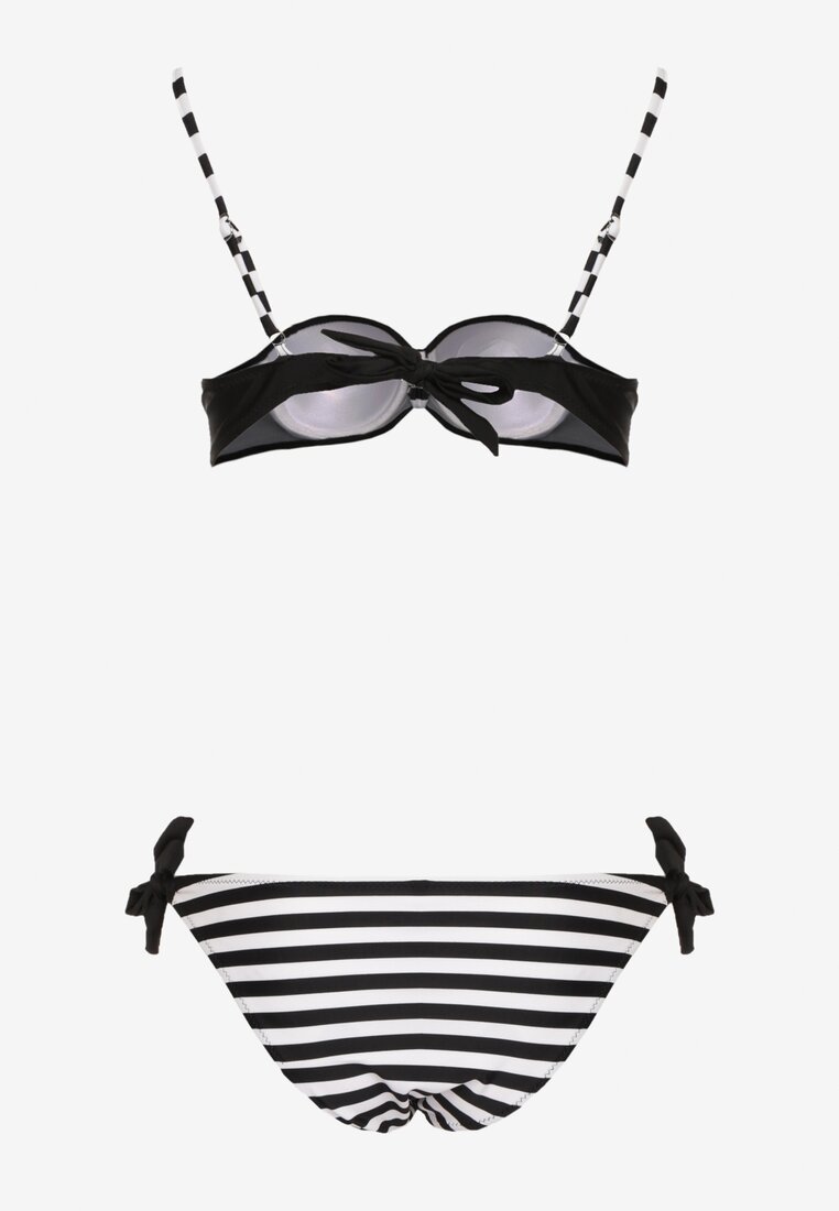 Czarno-Białe Bikini 2-Częściowe Stanik z Ozdobnymi Guzikami Majtki z Wiązaniem po Bokach Vikkama