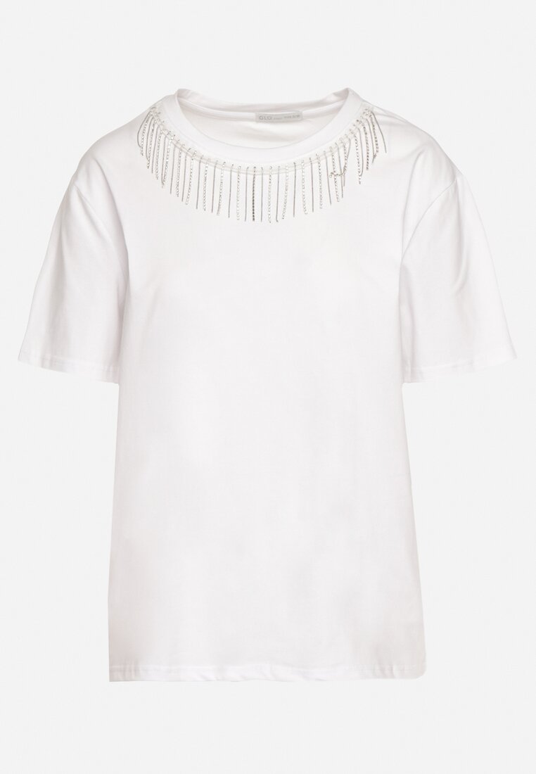 Biały Bawełniany T-shirt z Ozdobnymi Łańcuszkami przy Dekolcie Uglefia