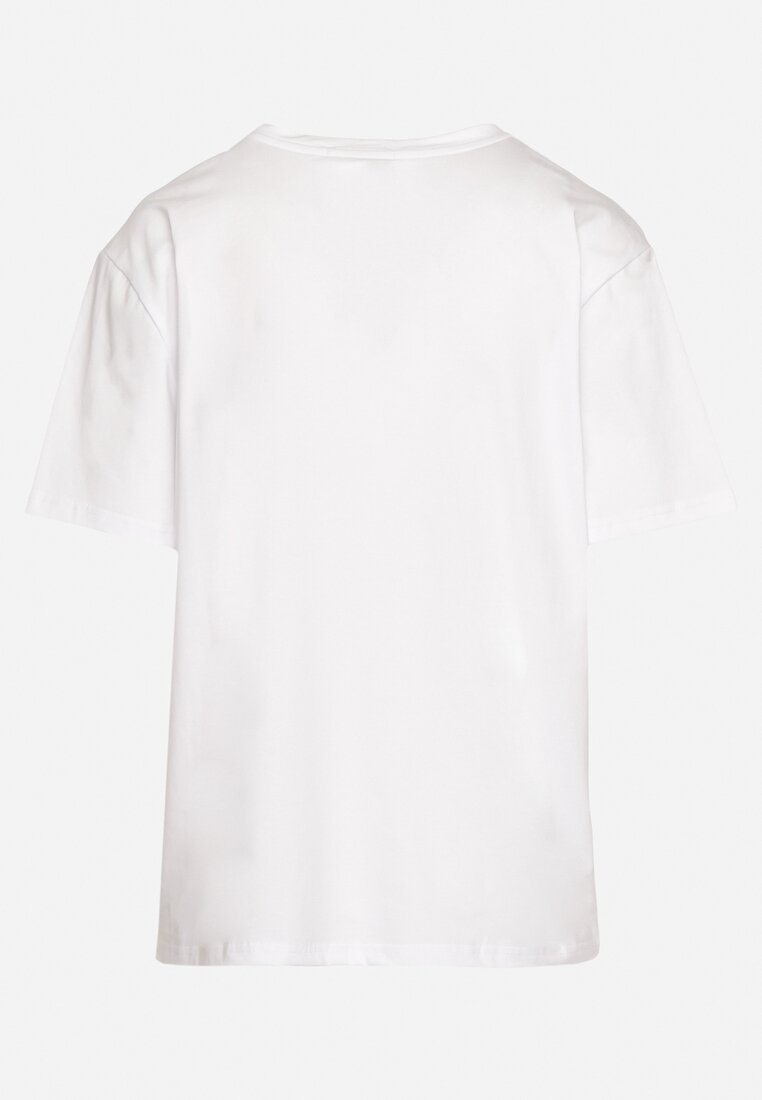 Biały Bawełniany T-shirt z Ozdobnymi Łańcuszkami przy Dekolcie Uglefia
